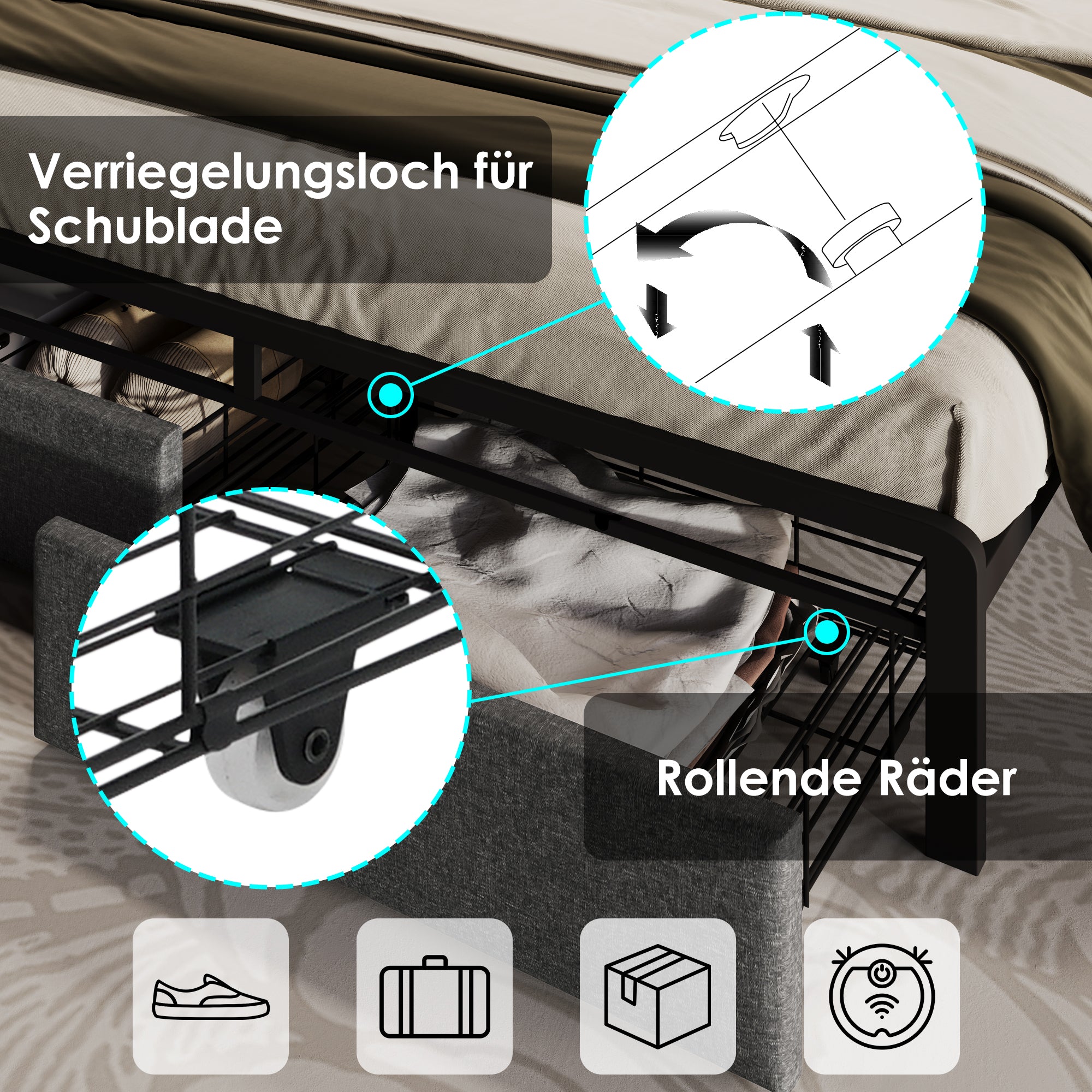 Sofa Bed With USB Type C Charging Function, Storage Head Part And LED Lighting And Drawer, Double Bed 140x200 Storage Bed Frame With Metal Frame, Grey  Without Mattress
