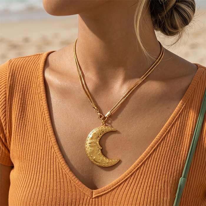 Double Layer Moon Face Pendant Necklace For Women, 18K Gold Plated Stainless Steel Snake Chain Choker, Celestial Boho Starry Jewelry Gift
