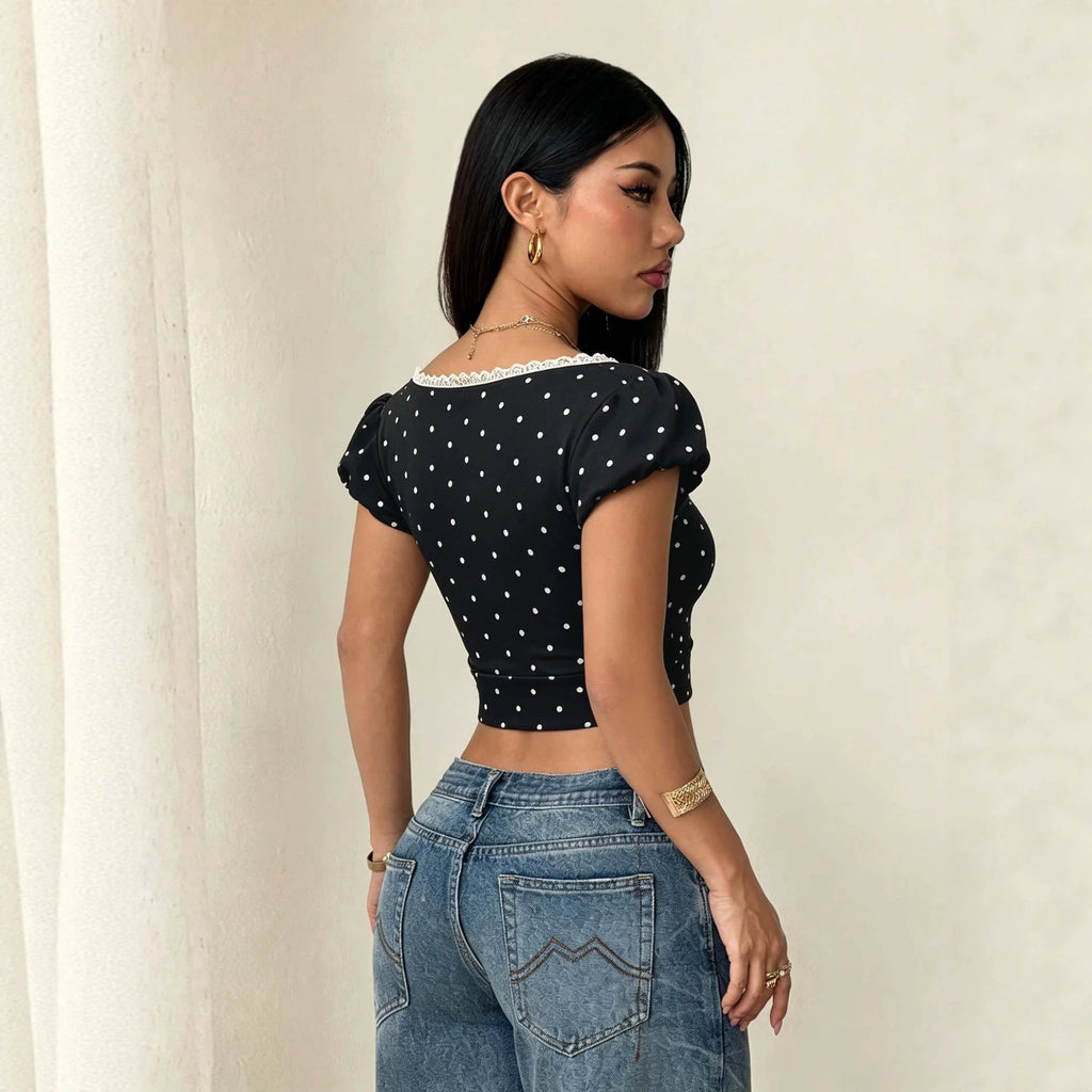 Square-neck Polka-dot Puff-sleeve Womens T-shirt