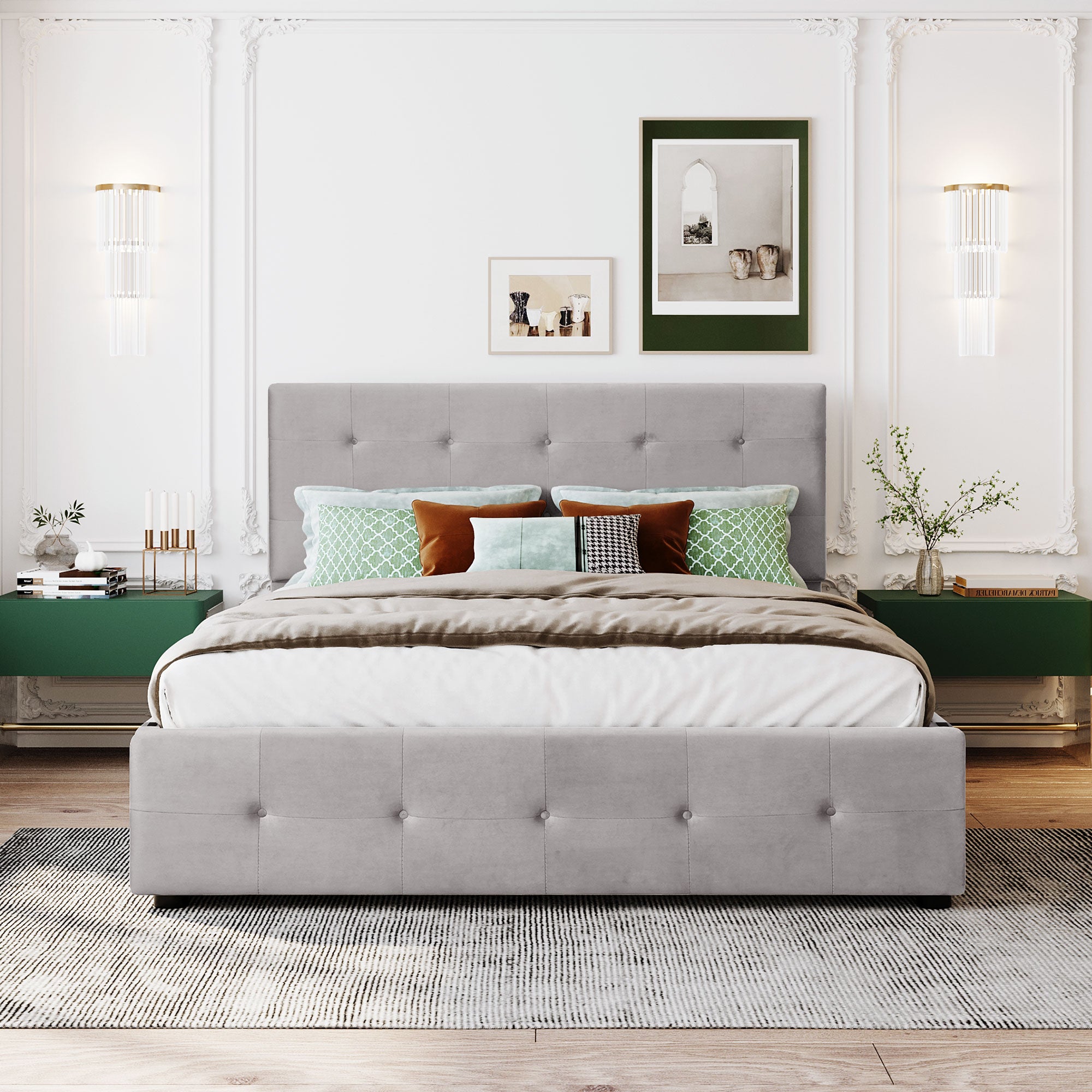 Upholstered Bed 140 X 200 Cm, Double Bed With Drawers, Slatted Base, And Headboard, Skin-Friendly Velvet Double Bed For Adults And Teenagers, Grey Mattress Not Included