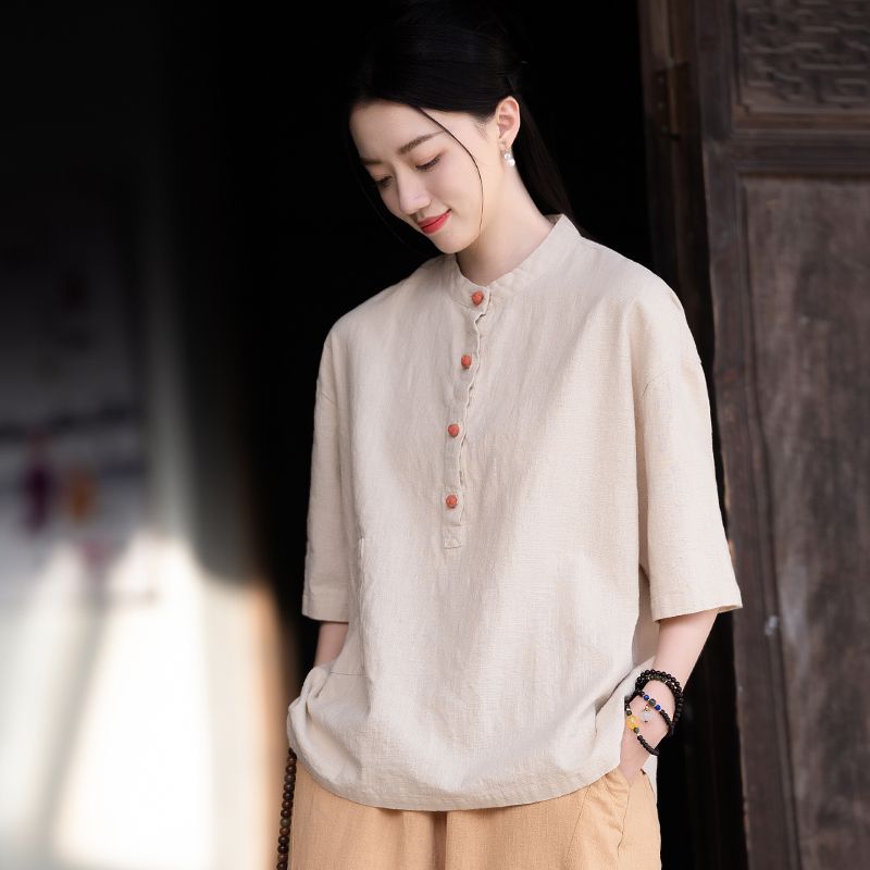 Stand-collar Solid-color Artistic Vintage Blouse For Women Solid Color