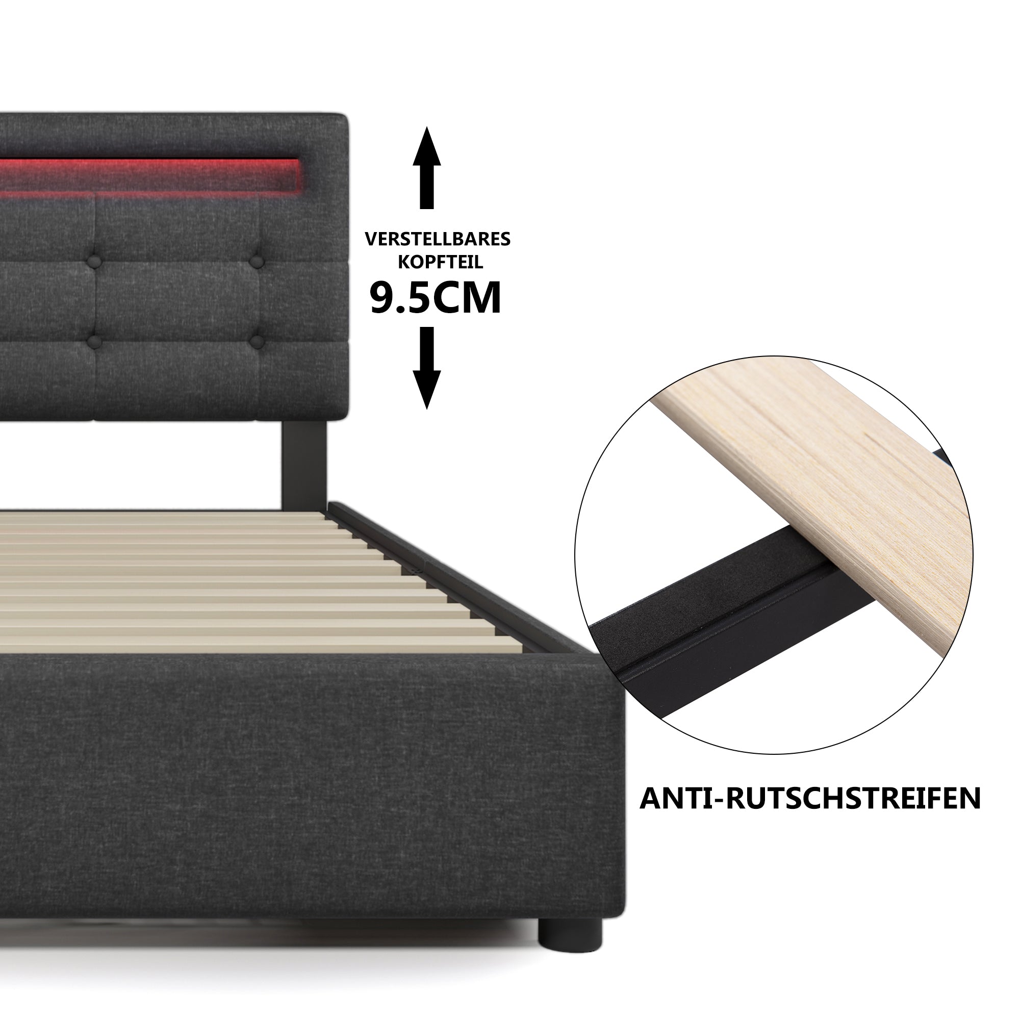 Bed Frame With LED Lighting And 4 Drawers, Double Bed Upholstered Bed 140x200cm, Height-adjustable Headboard, Wooden Slatted Base, Grey Without Mattress