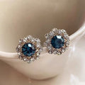 Gunmetal Grey Rhinestone Crystal Round Stud Earrings For Women, New Bestselling Blue Zircon Floral Earrings, Exquisite Trendy Ear Jewelry