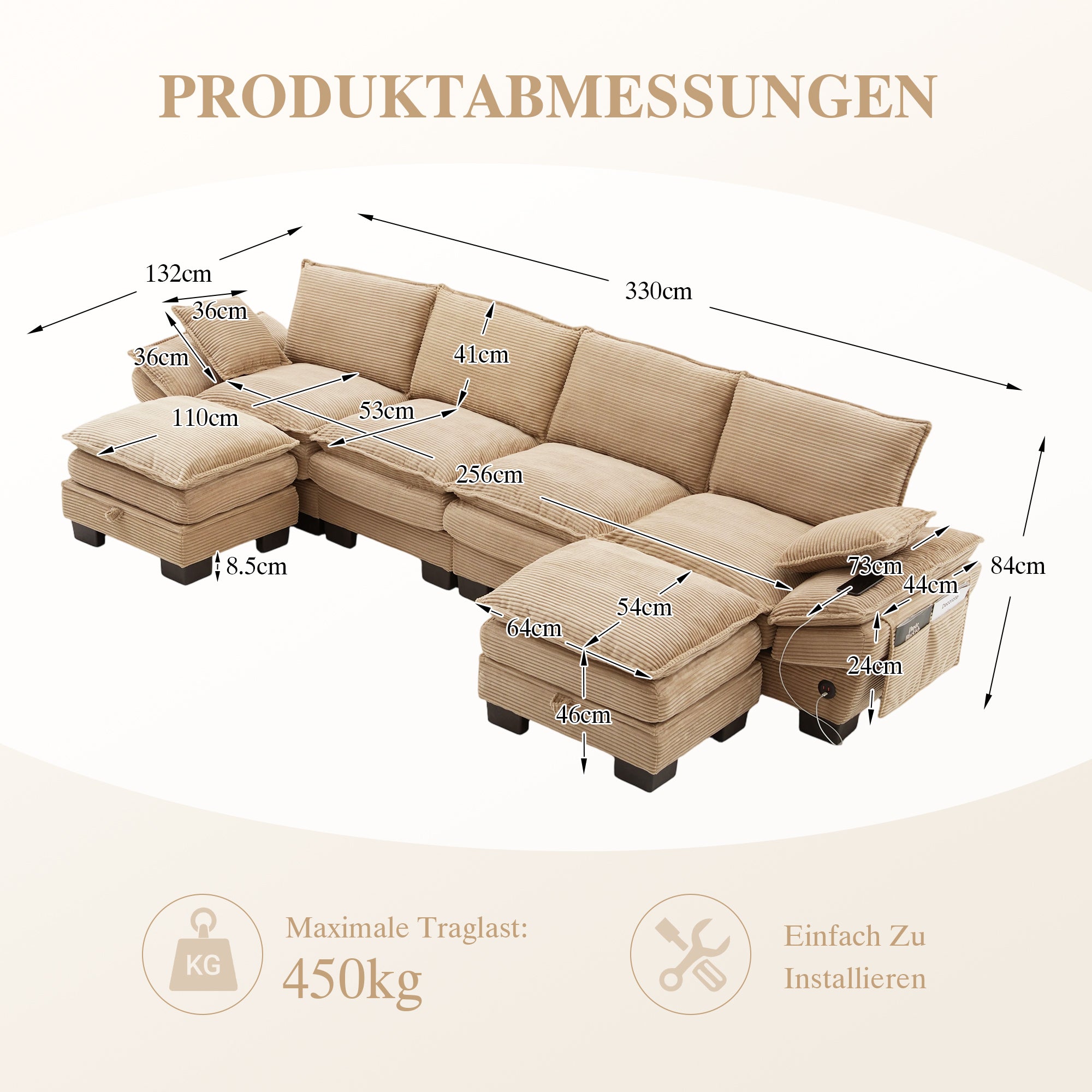 Modular 4-seater Corduroy Sofa  With 2 Stools Wide Seat, Ergonomic Design, High-density Foam Padding, USB-C Port And Side Pockets. Ideal For Living Room, Office Or Lounge.khaki