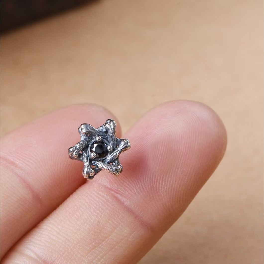 High-End Men's Hexagram Zircon Vintage Black Stud Earrings, American Retro Style Elegant Single Ear Jewelry For Guys