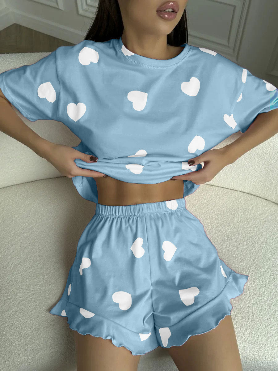 Heart-print Short-sleeve Pajama Set With Shorts