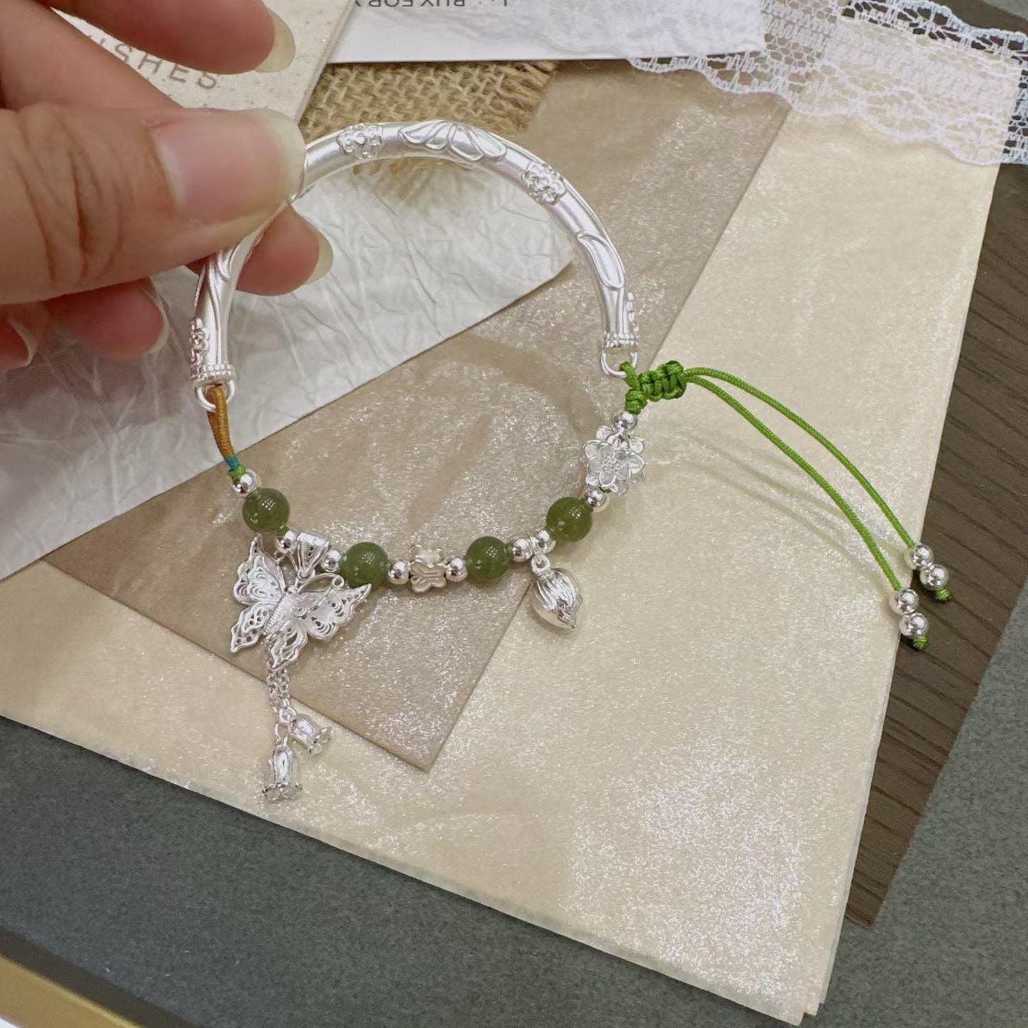 1pcs 999 Sterling Silver Half Bangle Butterfly Tassel Hetian Jade Bead Braided Bracelet, Elegant Chinese Style, For Women Hanfu Daily Wear & Anniversary Birthday Gift