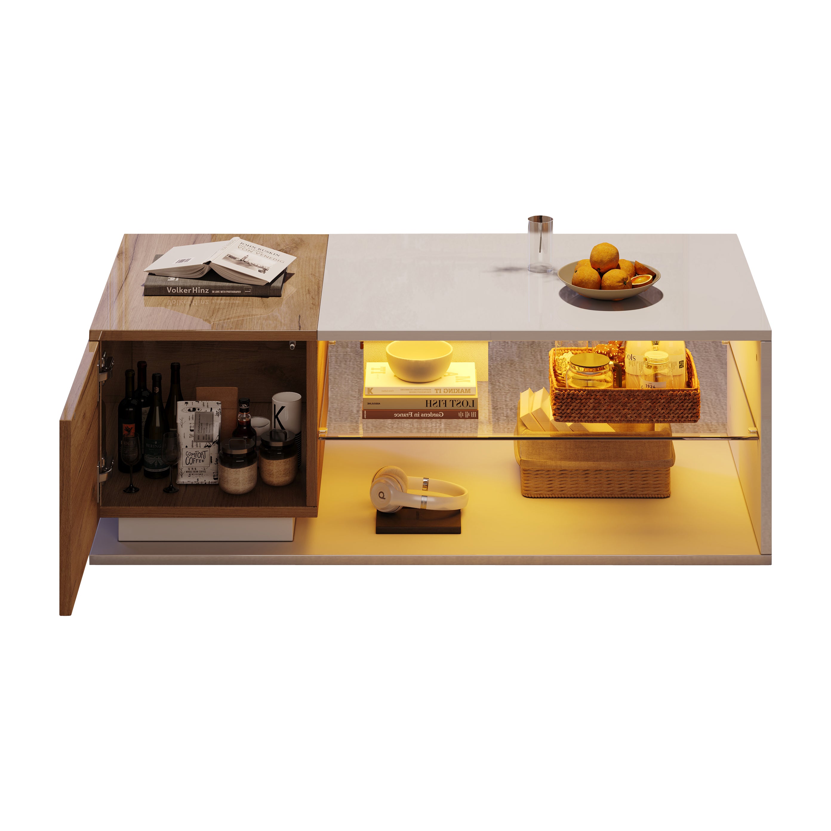 LED Coffee Table, High Gloss Coffee Table, Living Room Table With Lighting And LED Light Strip, Coffee Table With Storage, 105x50x36cm
