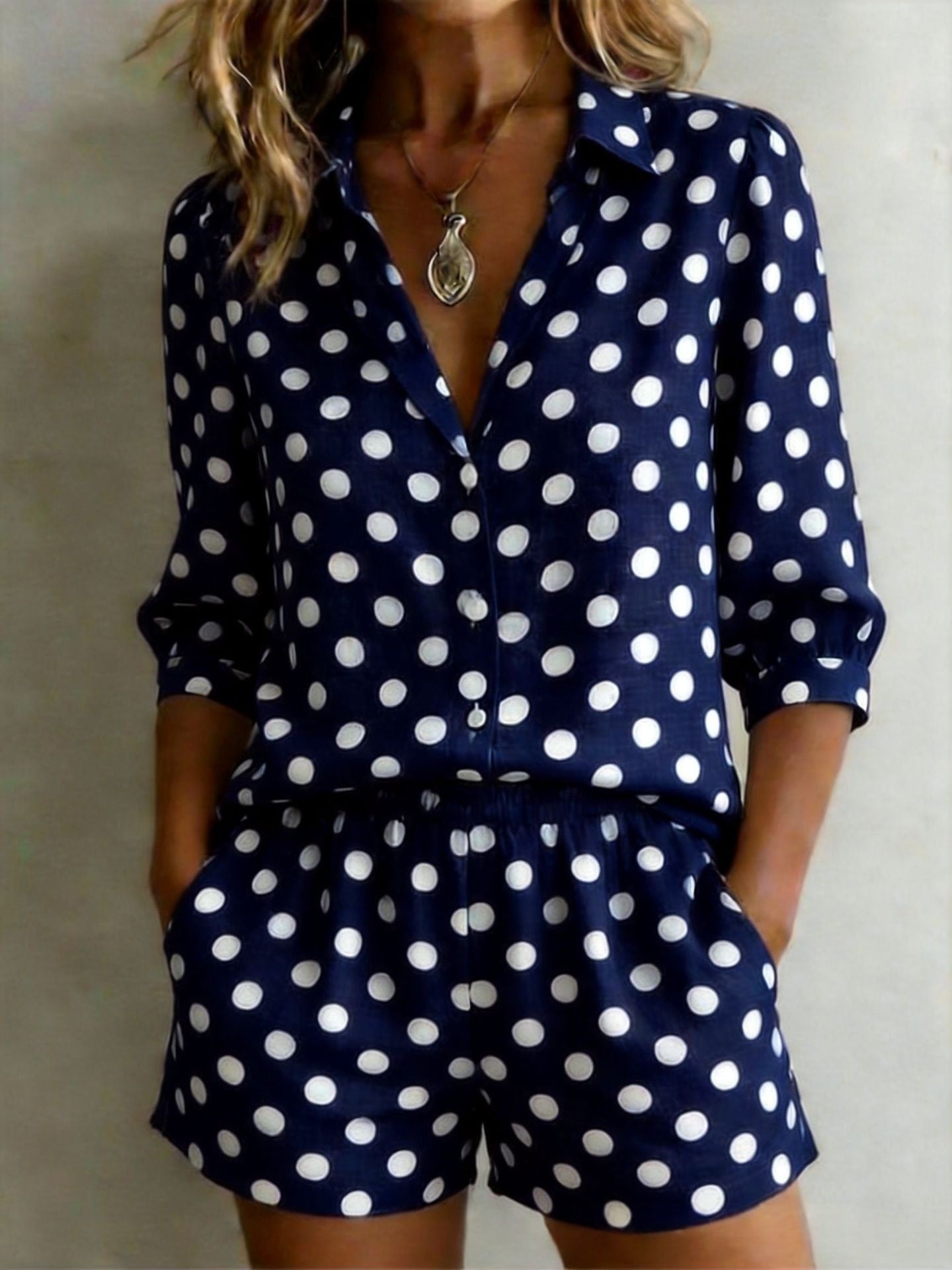Womens European And American Cross-Border Casual Holiday Printed Polka-Dot Set