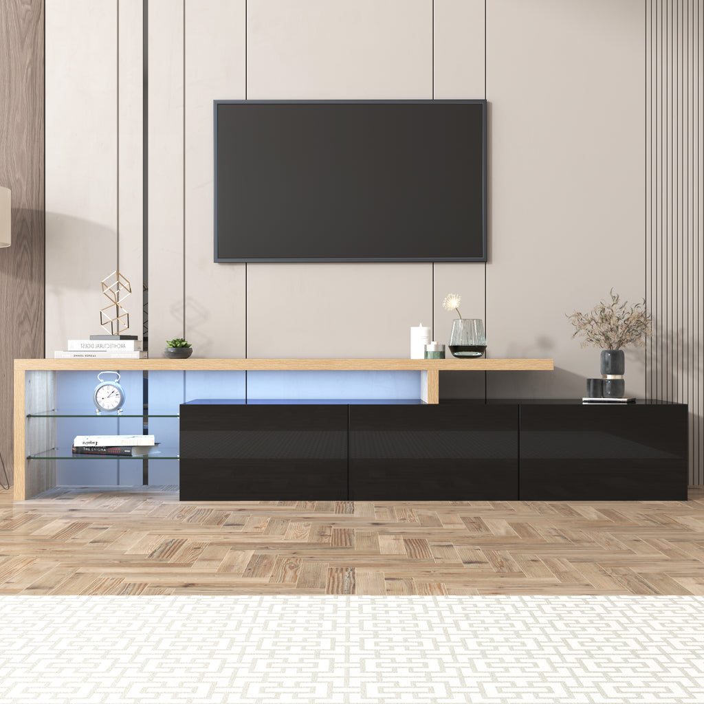 Modern TV Cabinet Design Stylish Elegance, Practical Storage, High-gloss Black, Wood-effect Finish, Glass Shelves, LED Lighting.