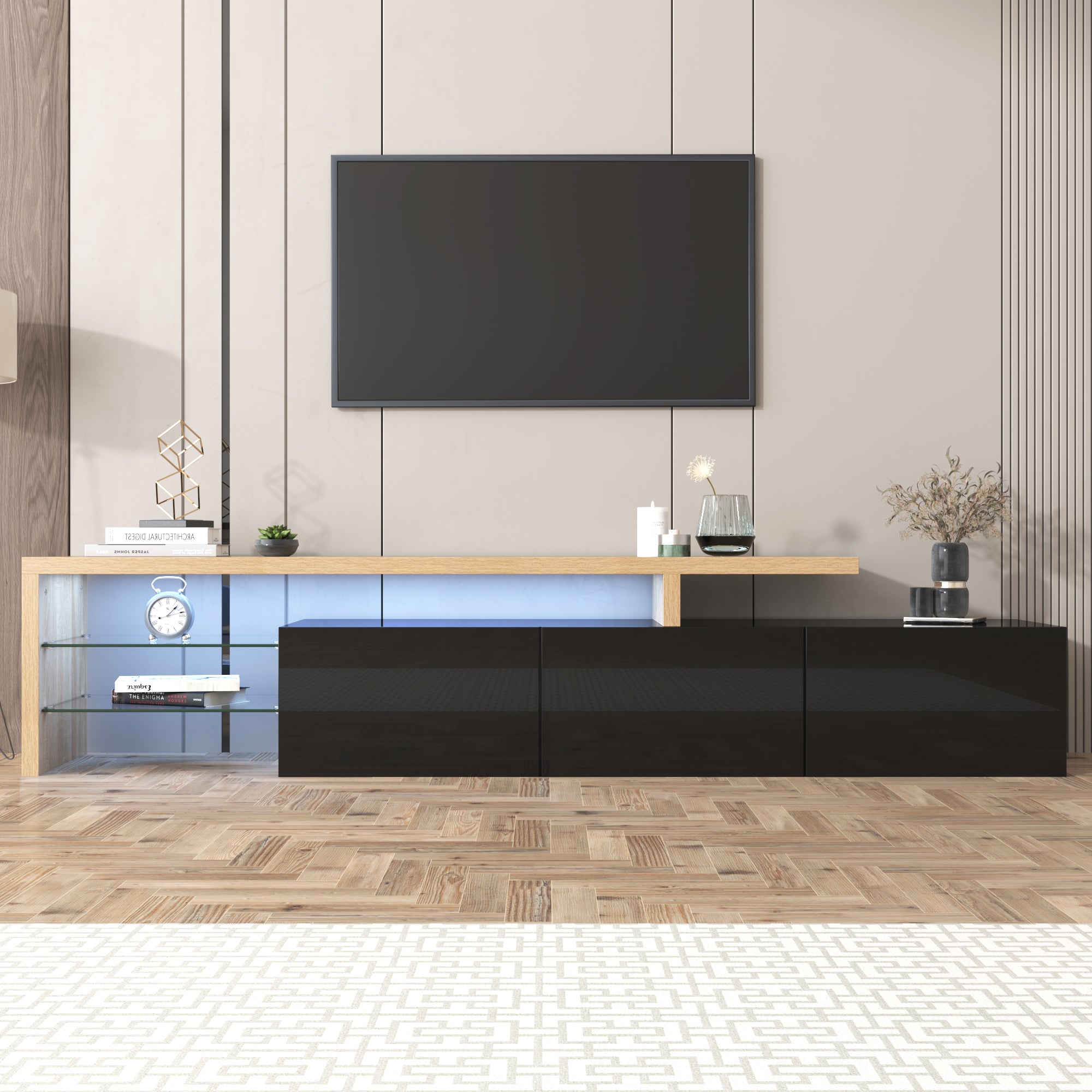 Modern TV Cabinet Design Stylish Elegance, Practical Storage, High-gloss Black, Wood-effect Finish, Glass Shelves, LED Lighting.