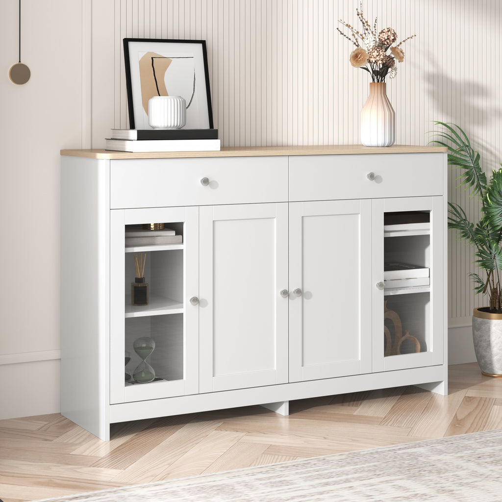 Sideboard With White Wood Grain, Four Doors, Two Drawers, And Glass-fronted Doors. Suitable For Living Room And Dining Room. Wood Finish And White.