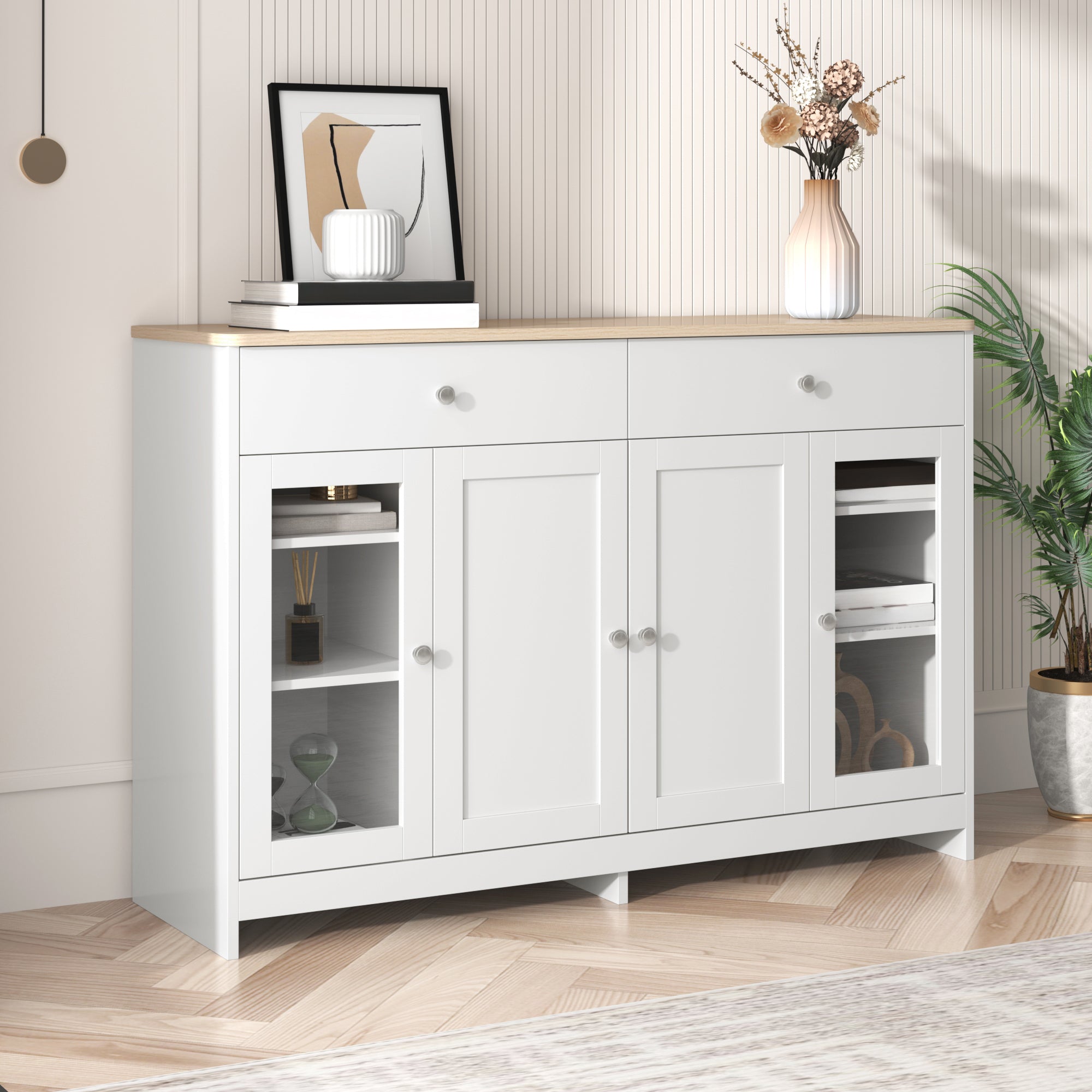 Sideboard With White Wood Grain, Four Doors, Two Drawers, And Glass-fronted Doors. Suitable For Living Room And Dining Room. Wood Finish And White.