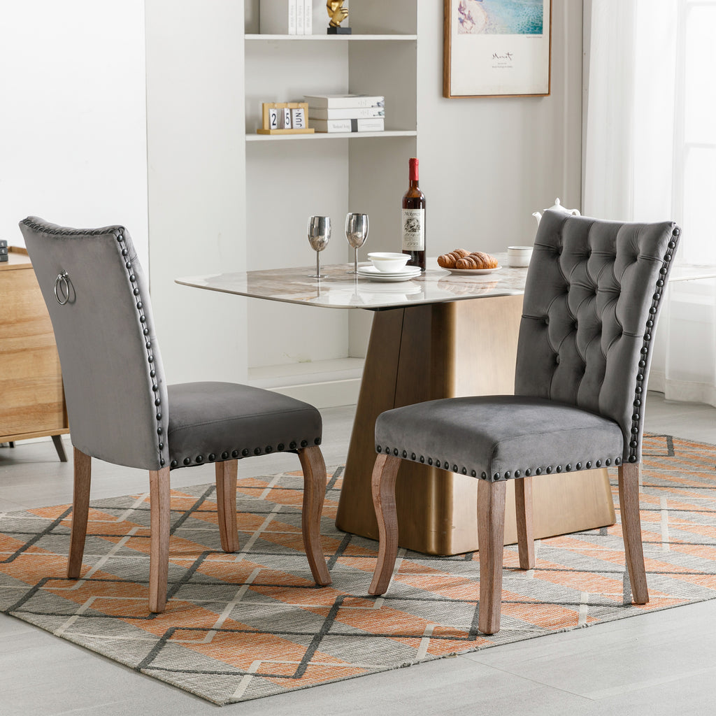 Dining Chair Kitchen Chair Living Room Chair With Unique Door Clamp On The Back, 2 Pieces, Upholstered Chair With Nail Head Occupation, Legs Made Of Solid Wood, Velvet Cover, Grey