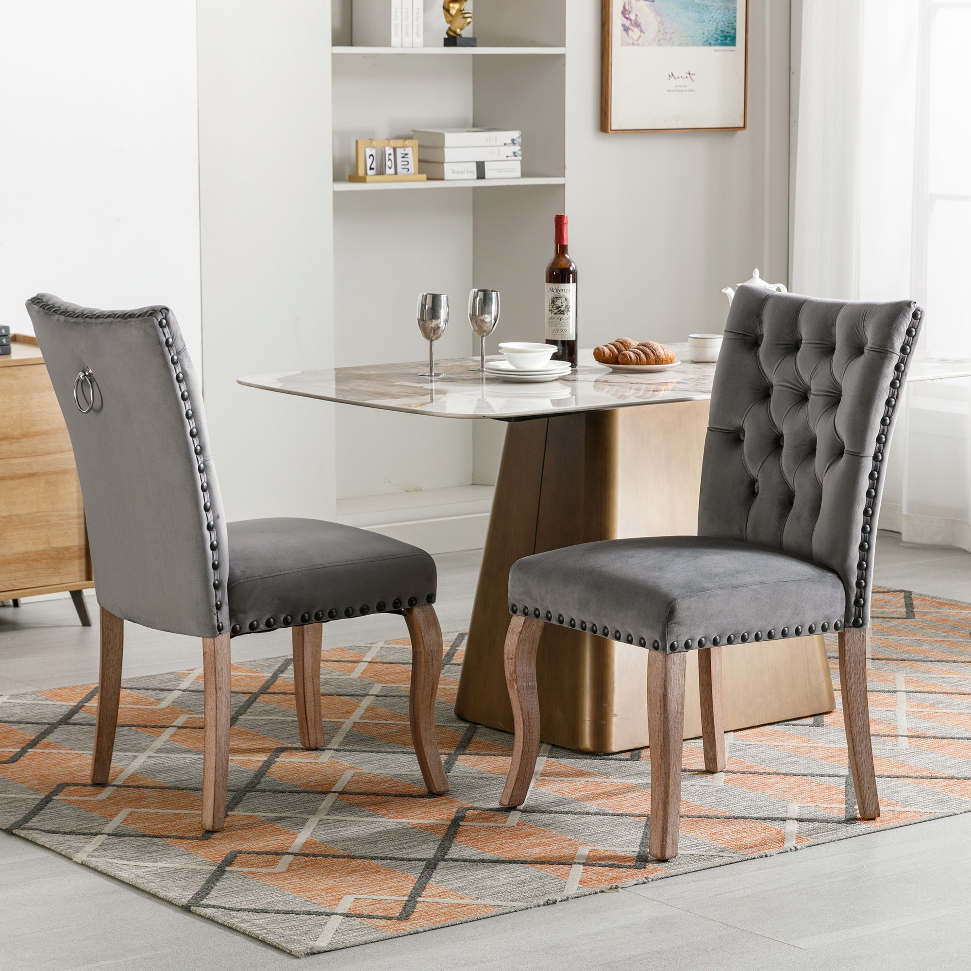 Dining Chair Kitchen Chair Living Room Chair With Unique Door Clamp On The Back, 2 Pieces, Upholstered Chair With Nail Head Occupation, Legs Made Of Solid Wood, Velvet Cover, Grey