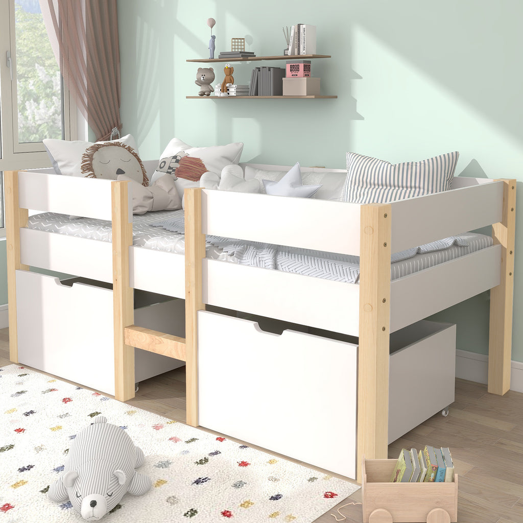 Bed Children's Bed With Drawer And Fall-out Protection, Pine-solid Wood-90x200 Cm-White & Oak