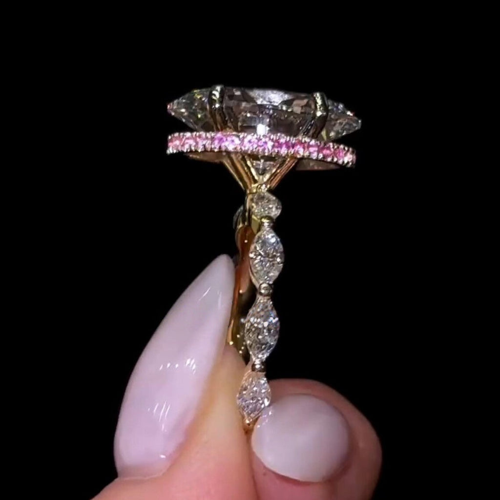 Sparkling Marquise & Oval Ruby High Carbon Diamond Ring For Women, Luxury Unique Designer Jewelry, Gold Plated Red Corundum Statement Ring