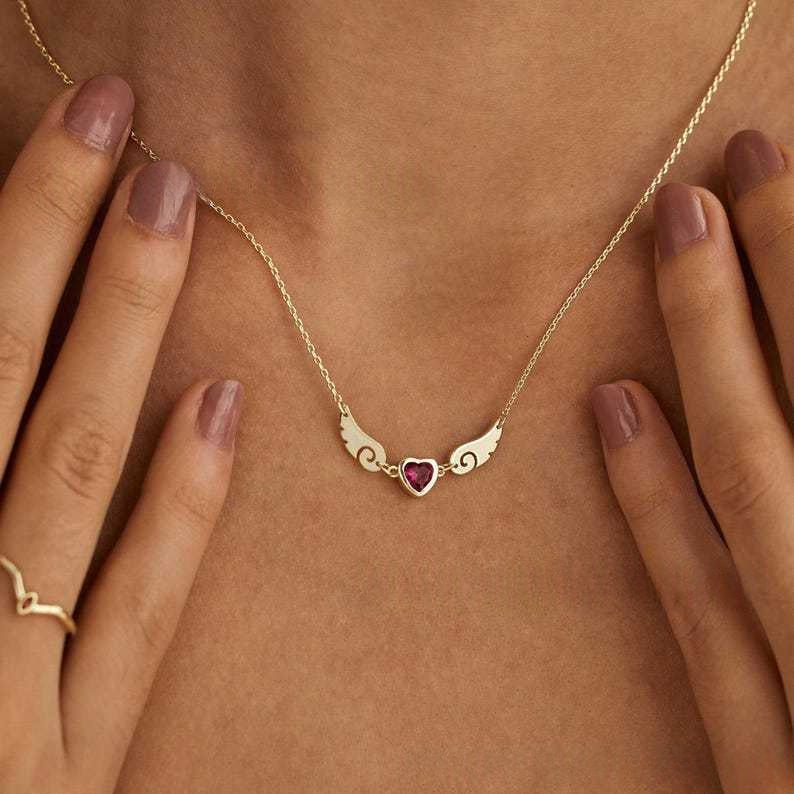 European And American Style Engraved Angel Wings Birthstone Love Zircon Necklace