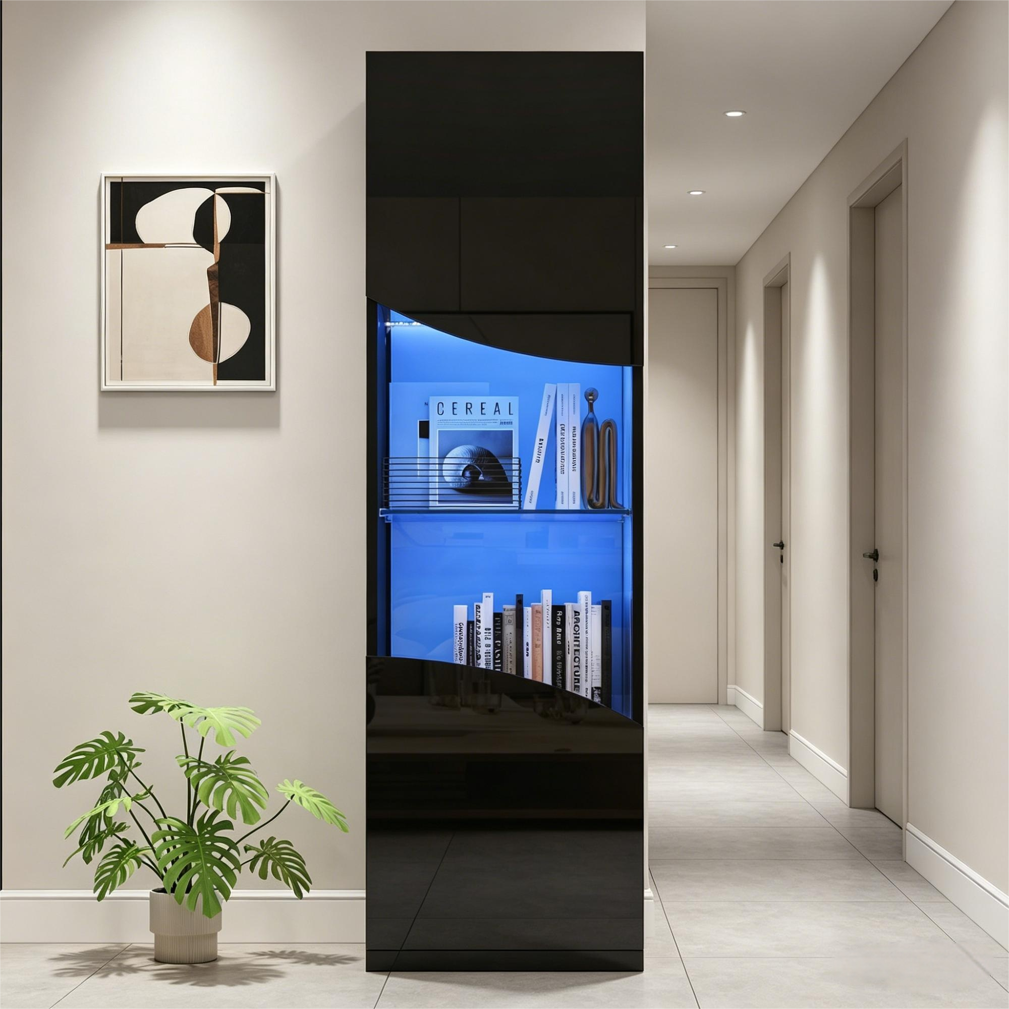 35X50X165cm Living Room Display Cabinet,High Gloss Display Cabinet  Cabinet Doors , Tall Cabinet With Large Storage And LED Lighting.Concave Arc Wave Surface Design,Black