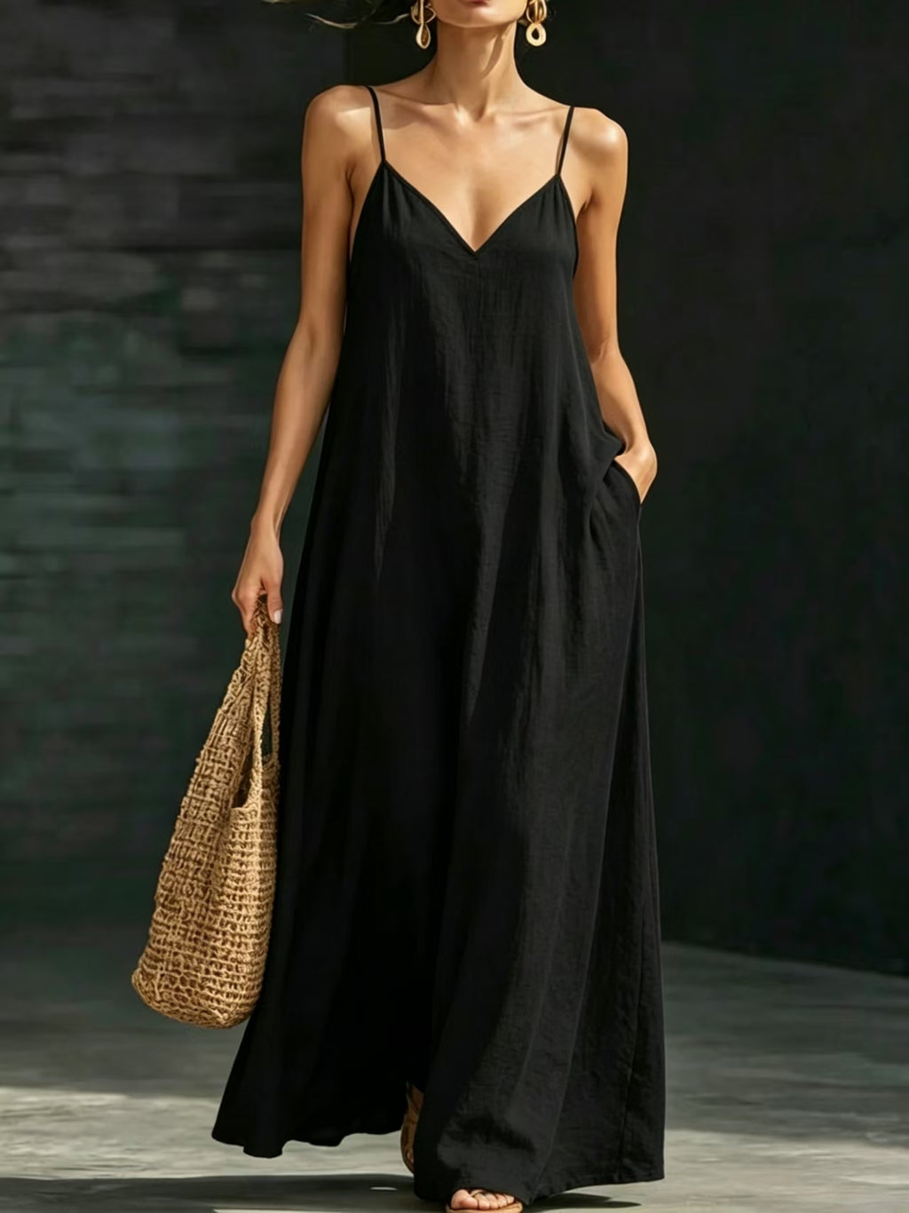 Solid Color V Neck Spaghetti Strap Maxi Dress Women Casual Flared Hem Long Dress