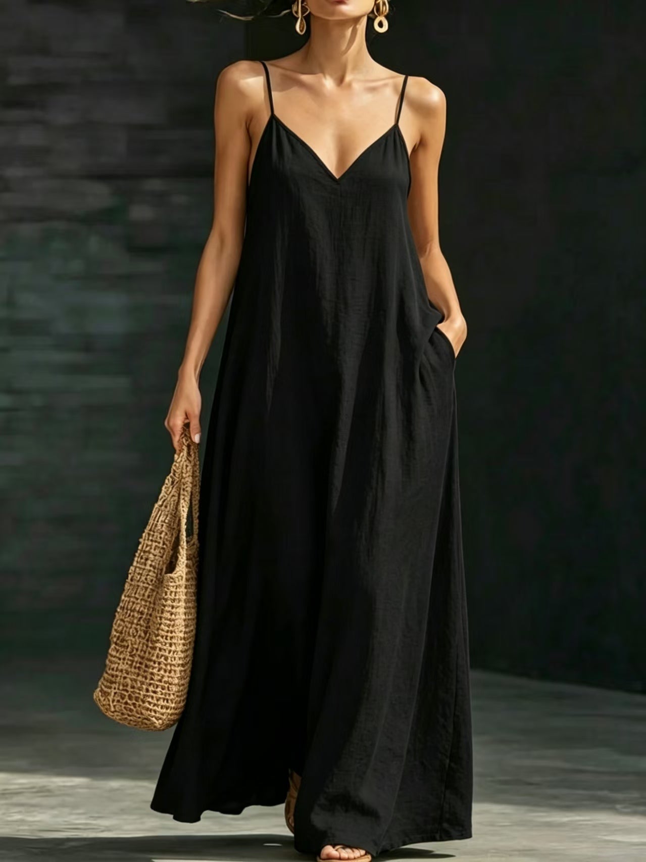 Solid Color V Neck Spaghetti Strap Maxi Dress Women Casual Flared Hem Long Dress