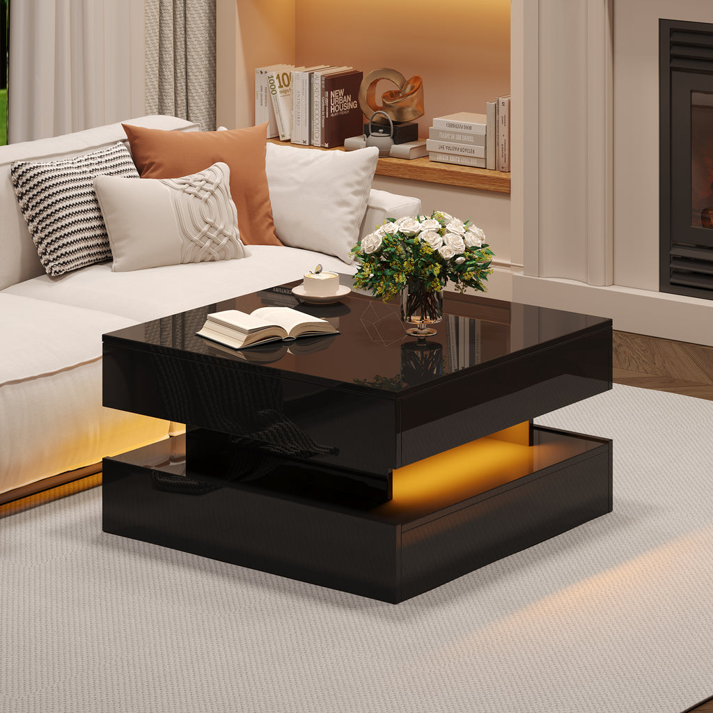 65 X 65 X 38.5 Cm Liftable Living Room Table,Side Table,High Gloss Coffee Table With LED Light Strip, Sofa Table With 2 Drawers, Coffee Table With Geometric Design And Hidden Storage,Black