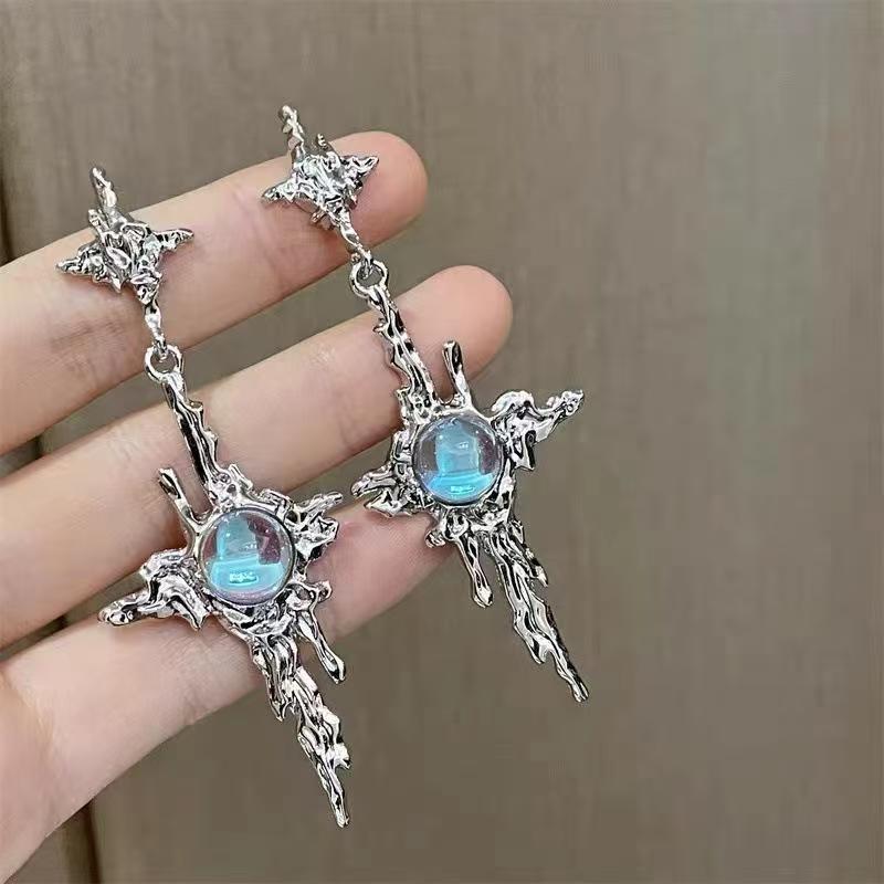 Sweet Cool Ins Niche Irregular Liquid Four-Pointed Star Moonstone Earrings, Trend New Women Stud Ear Jewelry