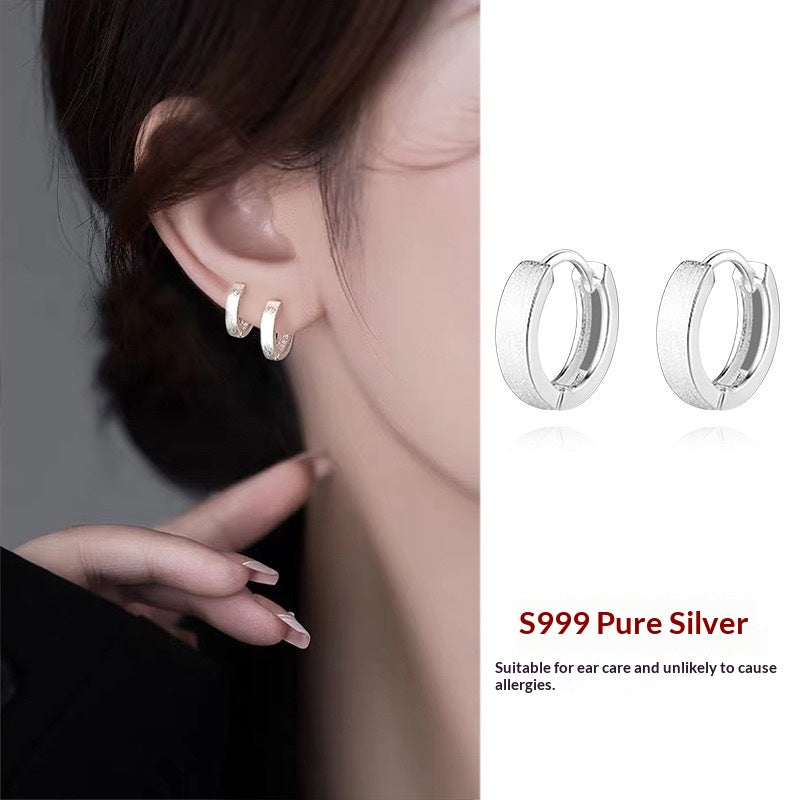 S999 Sterling Silver Plain Hoop Brushed-finish Earrings For Women
