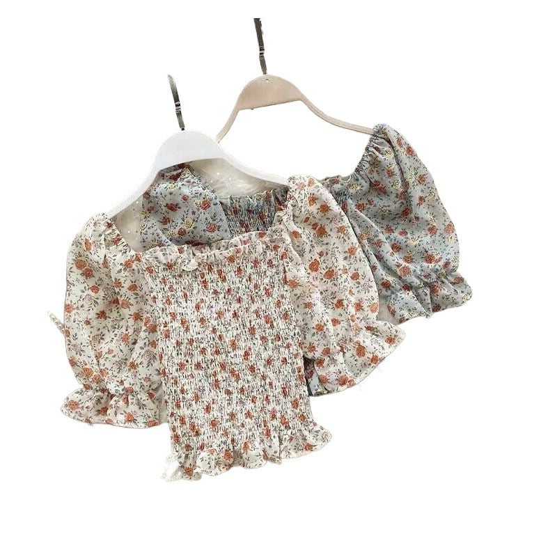 Square-neck Chiffon Floral Womens Summer Short-sleeve Top