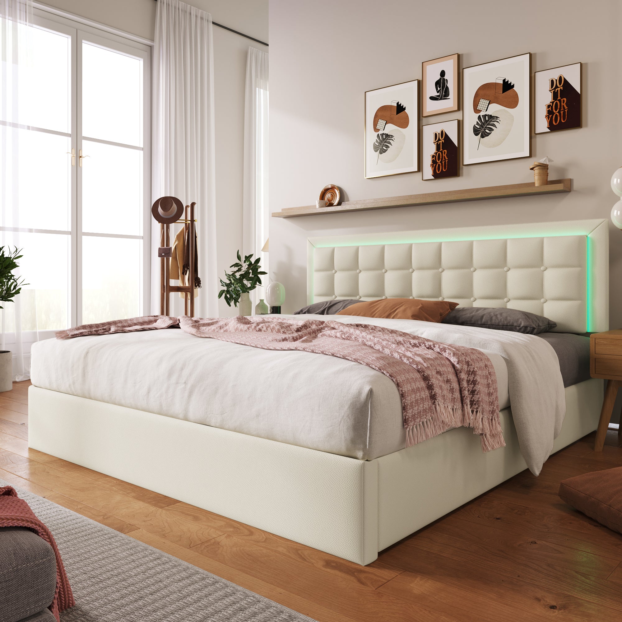Upholstered Bed With Slatted Frame And Storage Space Double Bed Incl. LED Lighting Strip Bed Frame 140x200cm, Storage Bed Functional Bed Cover Made Of Imitation Leather White