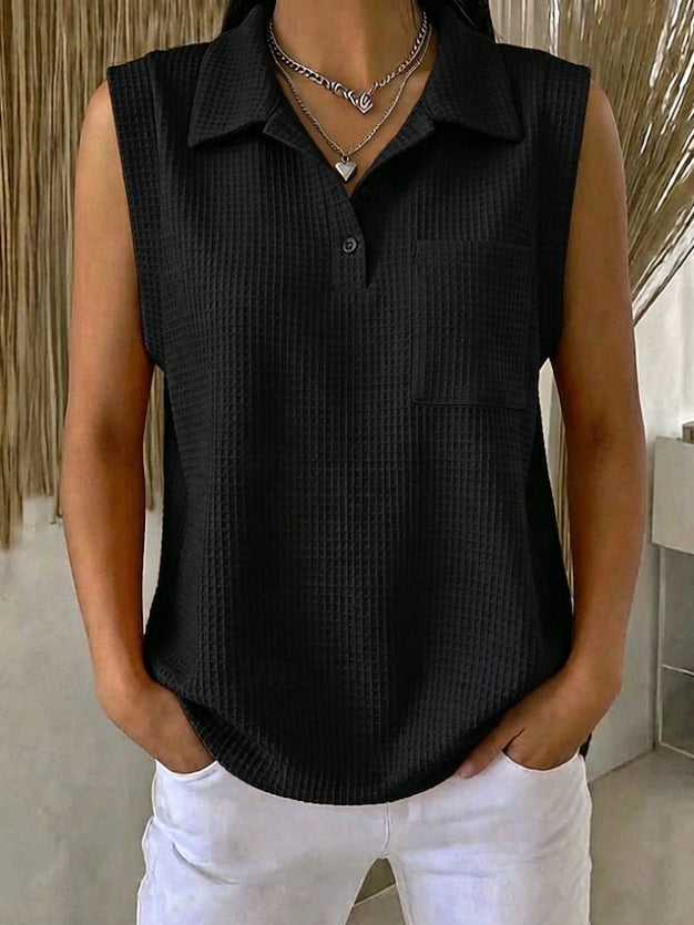Womens Solid-color Knitted Polo-neck Sleeveless Shirt Vest