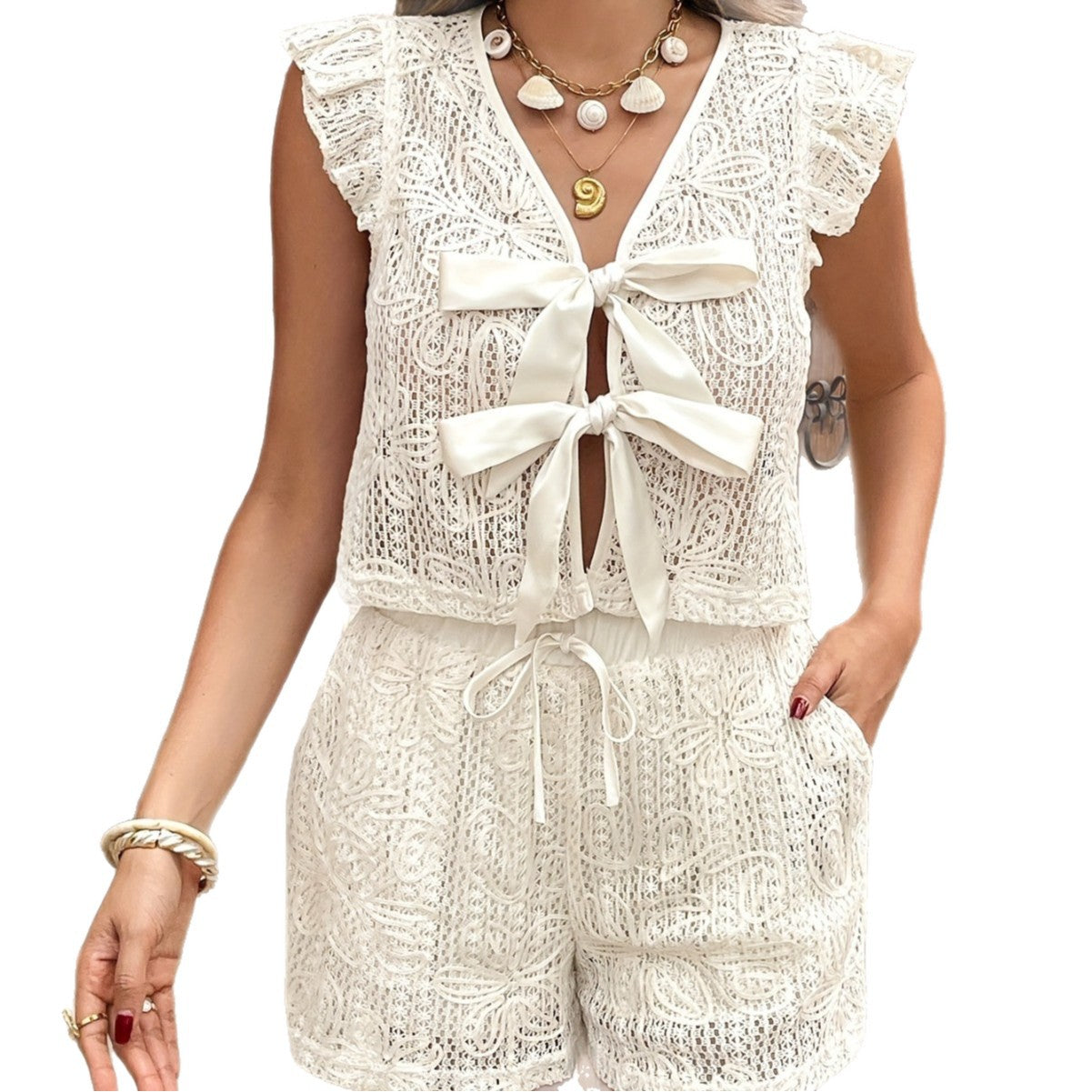 Women's Shirt Top And Drawstring Shorts Set