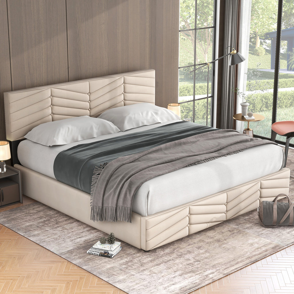 Upholstered Bed,Double Bed,Hydraulic Function Bed,Velvet,Stripe Style,Continental Bed,Height Adjustable Headboard,180 X 200,Beige