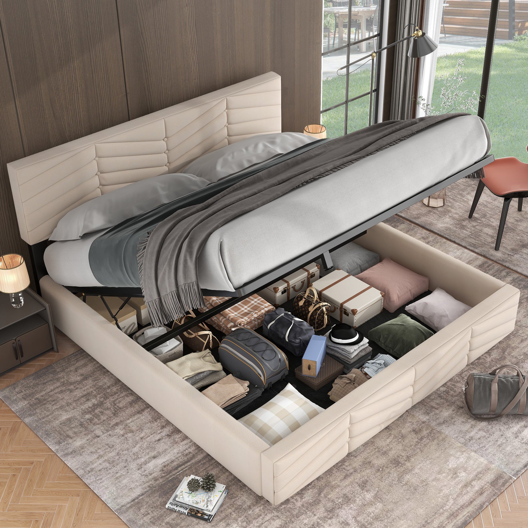 Upholstered Bed,Double Bed,Hydraulic Function Bed,Velvet,Stripe Style,Continental Bed,Height Adjustable Headboard,180 X 200,Beige