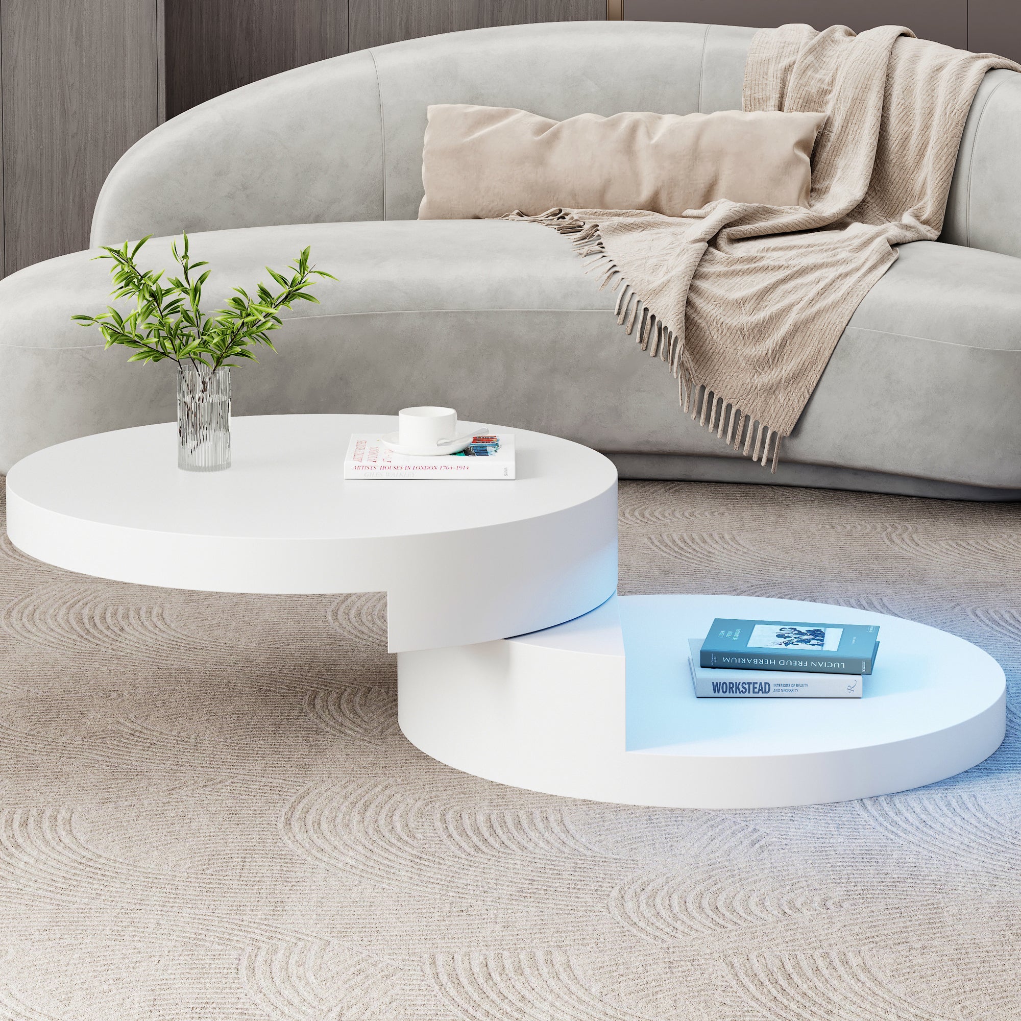 N625P300074W 70x70x35.5cm Coffee Table, Upper Table Top 360dgFreely Rotatable, Swivel Sofa Table With LED Light Strip, Cylindrical Living Room Table Made Of MDF, Loadable Up To 30 Kg, 2-Layer Construc