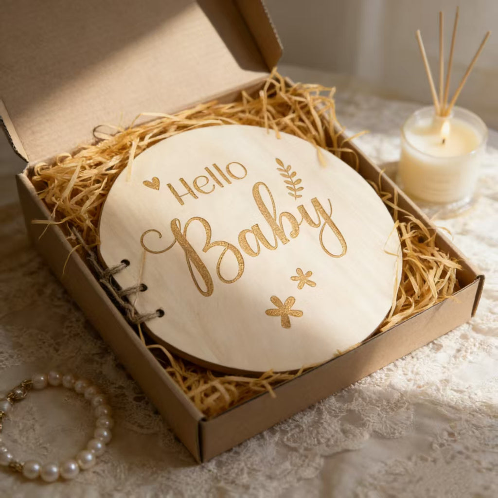 Hello Baby Round Wooden Baby Shower Book, Laser Engraved Natural Wood Newborn Guest Book, Rustic Circular Sign Notebook For Gender Reveal Maternity Photography Prop Nursery Decor Gift