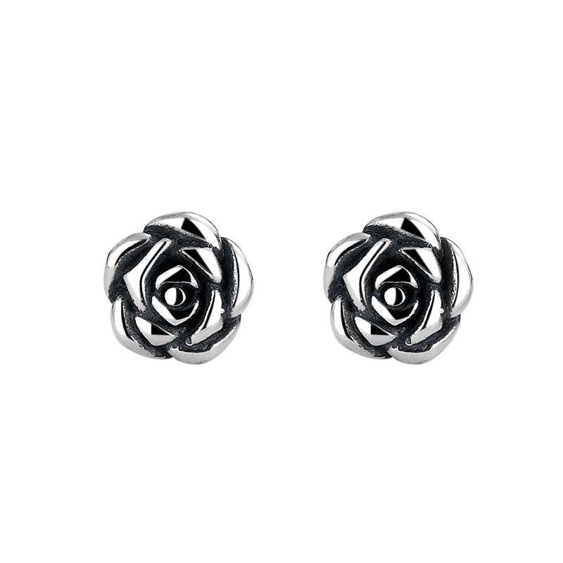 S925 Sterling Silver Vintage-Style Antique-Rose Flower Stud Earrings