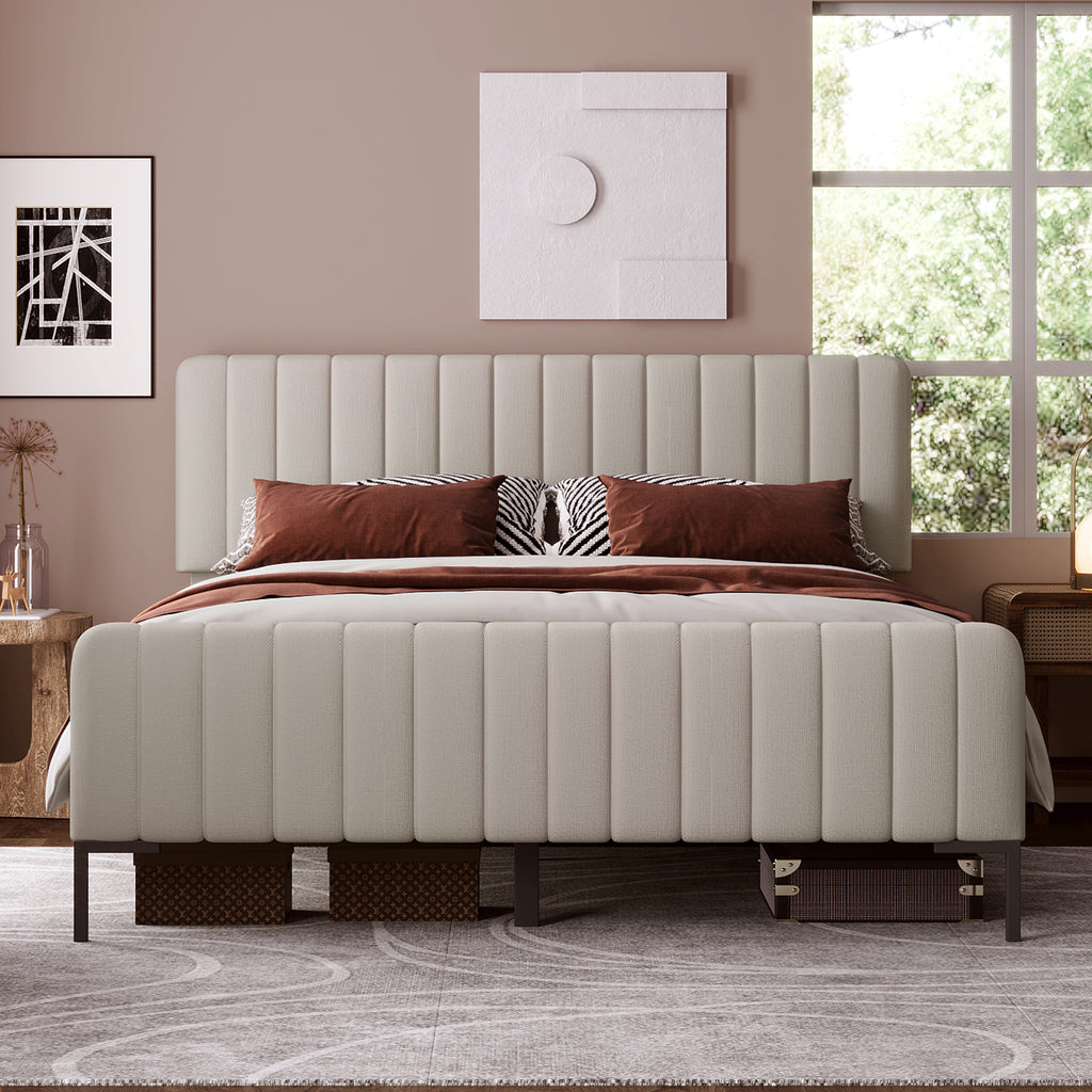 Upholstered Double Bed 160 X 200 Cm, Bed Frame With Lattice And Adjustable Head, Upholstered Bed In Grey Beige,Bed Frame Youth Bed For Bedroom Guest Room Linen Material