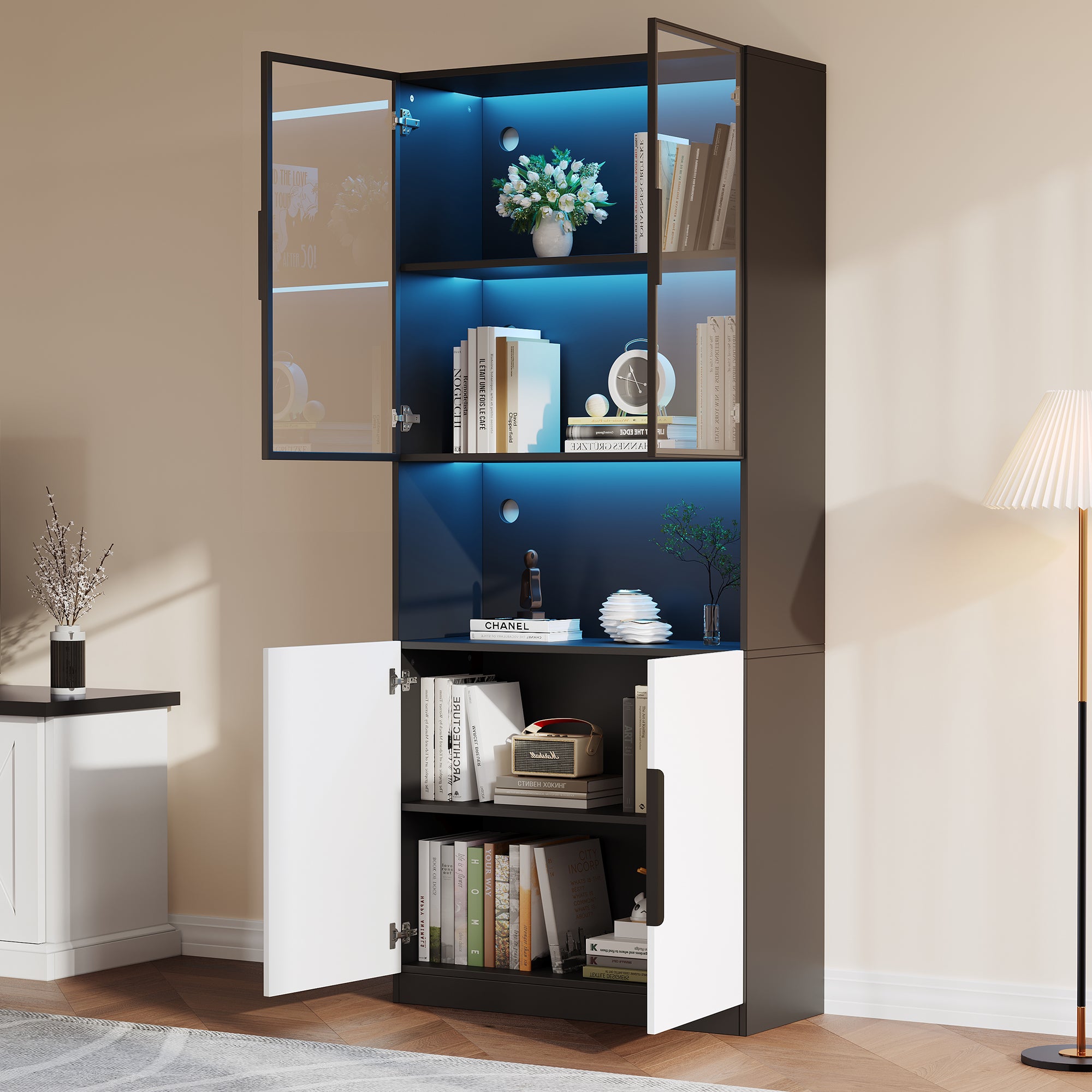 Modern Minimalist Display Case With Glass Doors, Display Case With LED Lights, Bookcase For Collectibles, Adjustable Color Temperature And Brightness, White Doors With Black Decoration, 80x30x200cm