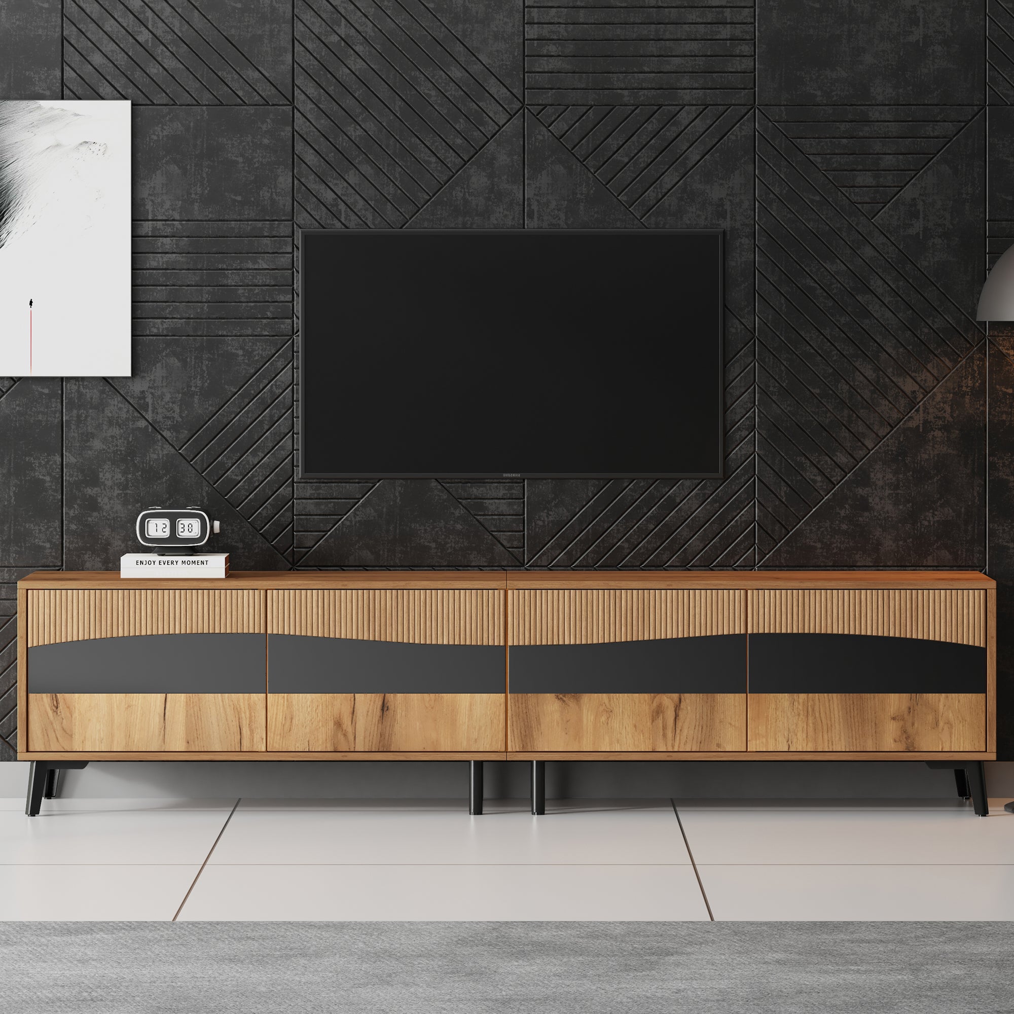 180x40x50cm TV Cabinet, Wood Color - Black Splice TV Stand, TV Cabinet With 4 Cabinets, Living Room Cabinet With 8 Support Legs, Recommended Load Capacity 30kg, Symmetrical Design, Lowboard