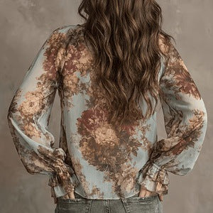 Womens Retro Oil-Painting Floral V-Neck Top