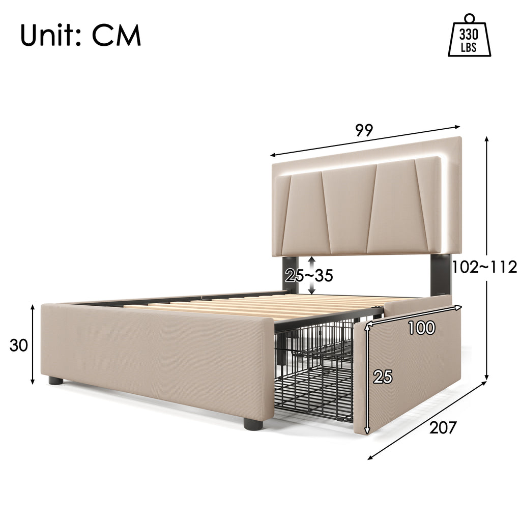 Sofa Bed With LED Lighting And 2 Drawers, Height Adjustable Headboard, Single Bed 90x200cm, Storage Bed Frame, Wooden Bar Bed, Beige Without Mattress