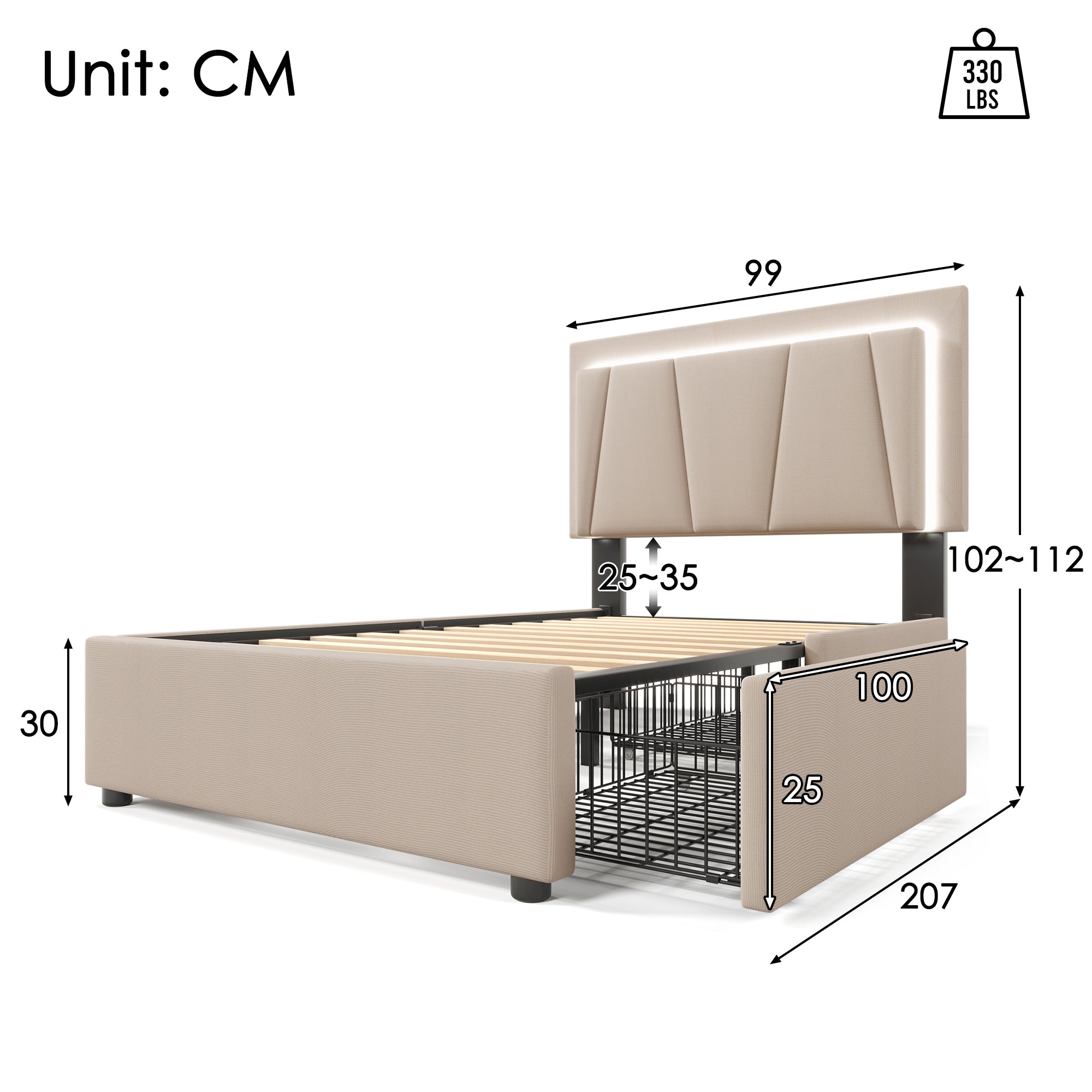 Sofa Bed With LED Lighting And 2 Drawers, Height Adjustable Headboard, Single Bed 90x200cm, Storage Bed Frame, Wooden Bar Bed, Beige Without Mattress