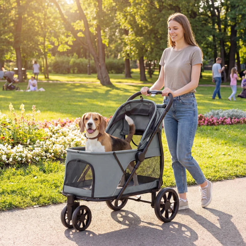 3 Wheel Pet Stroller With Easy One-Click Quick Fold, Mesh Window, Washable Cushion, For Medium Dogs, Gray