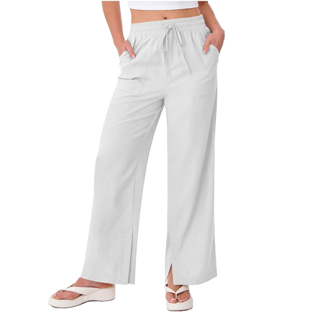 Wide-leg Pants With A Fitted Waist And Drawstring Solid-color Casual Trousers