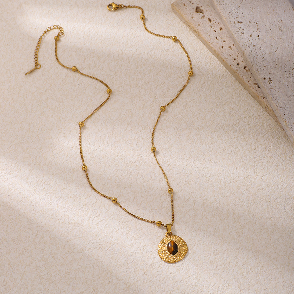 Stainless Steel Side-clamping Beaded Chain Paired With Stainless Steel Tiger's Eye Stone Pendant Necklace