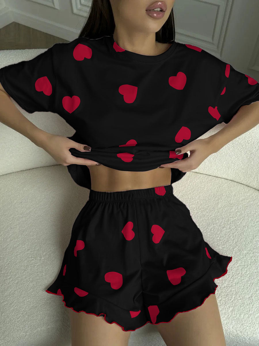 Heart-print Short-sleeve Pajama Set With Shorts