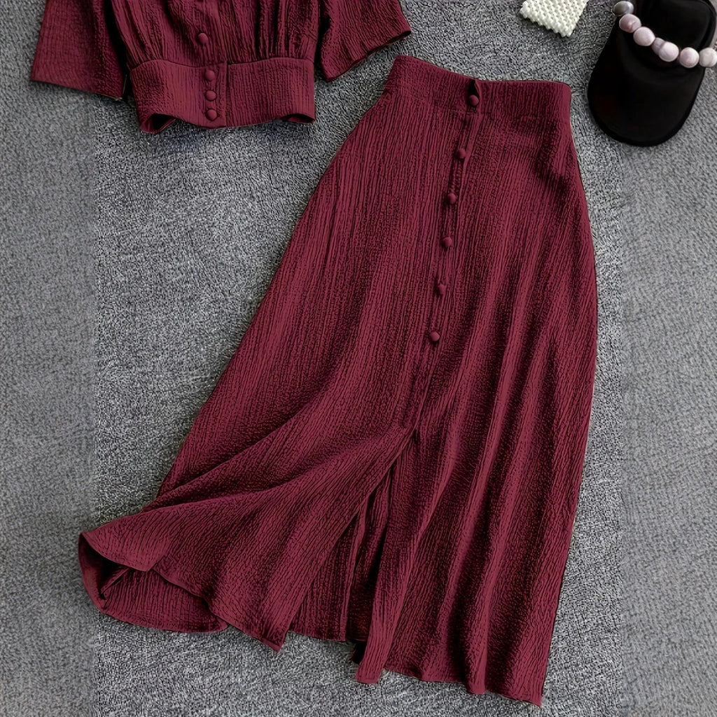 V-neck Single-breasted Short-sleeve Top And High-waisted Wide-leg Pants With Side Slits