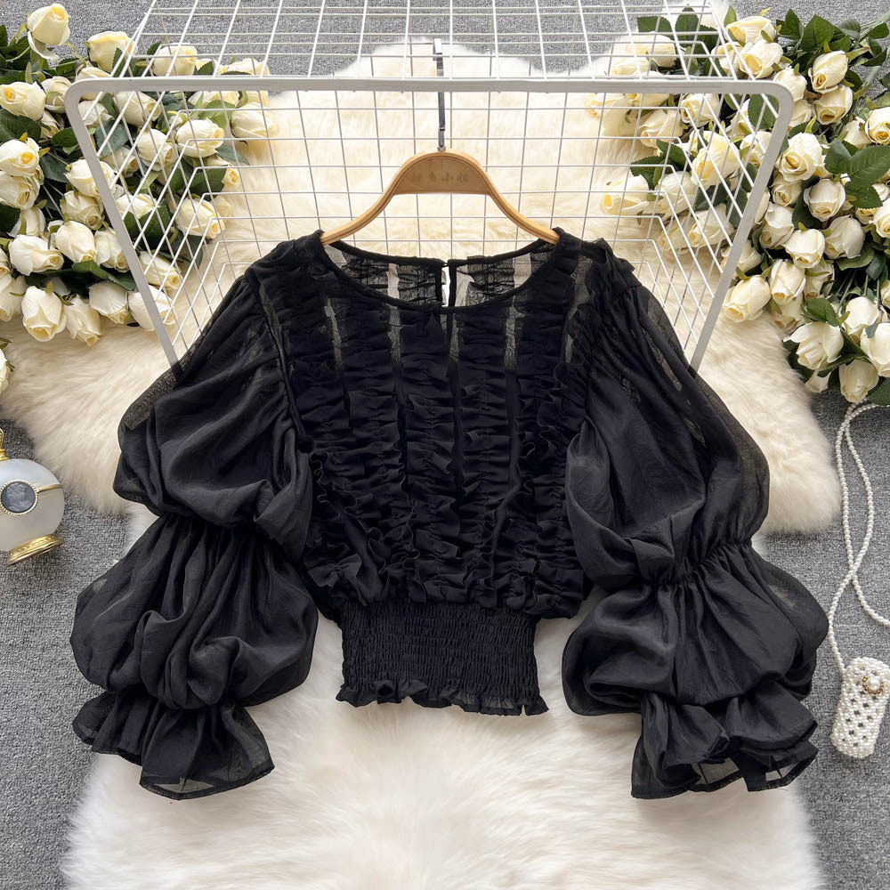 Womens Solid-color Ruffled-edged French-style Puff-sleeve Top