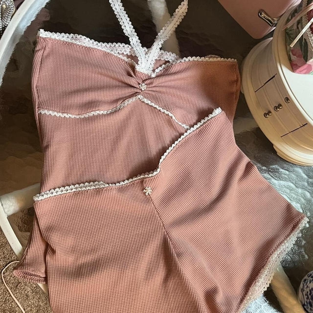Women's Fairy Grunge Lace Edge Strapless Tube Top Shorts Set